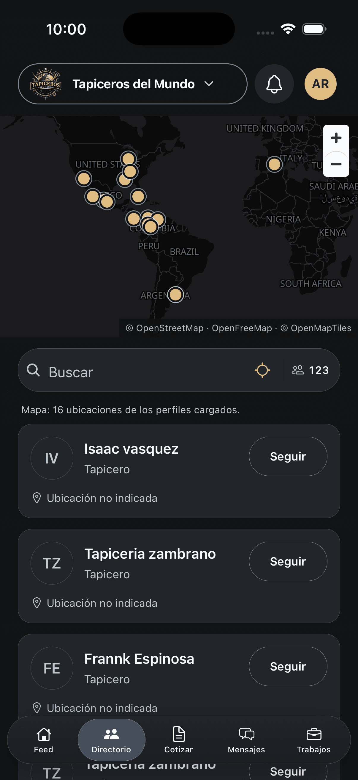 Tapiceros del Mundo directory in Spanish with a map and public community profiles